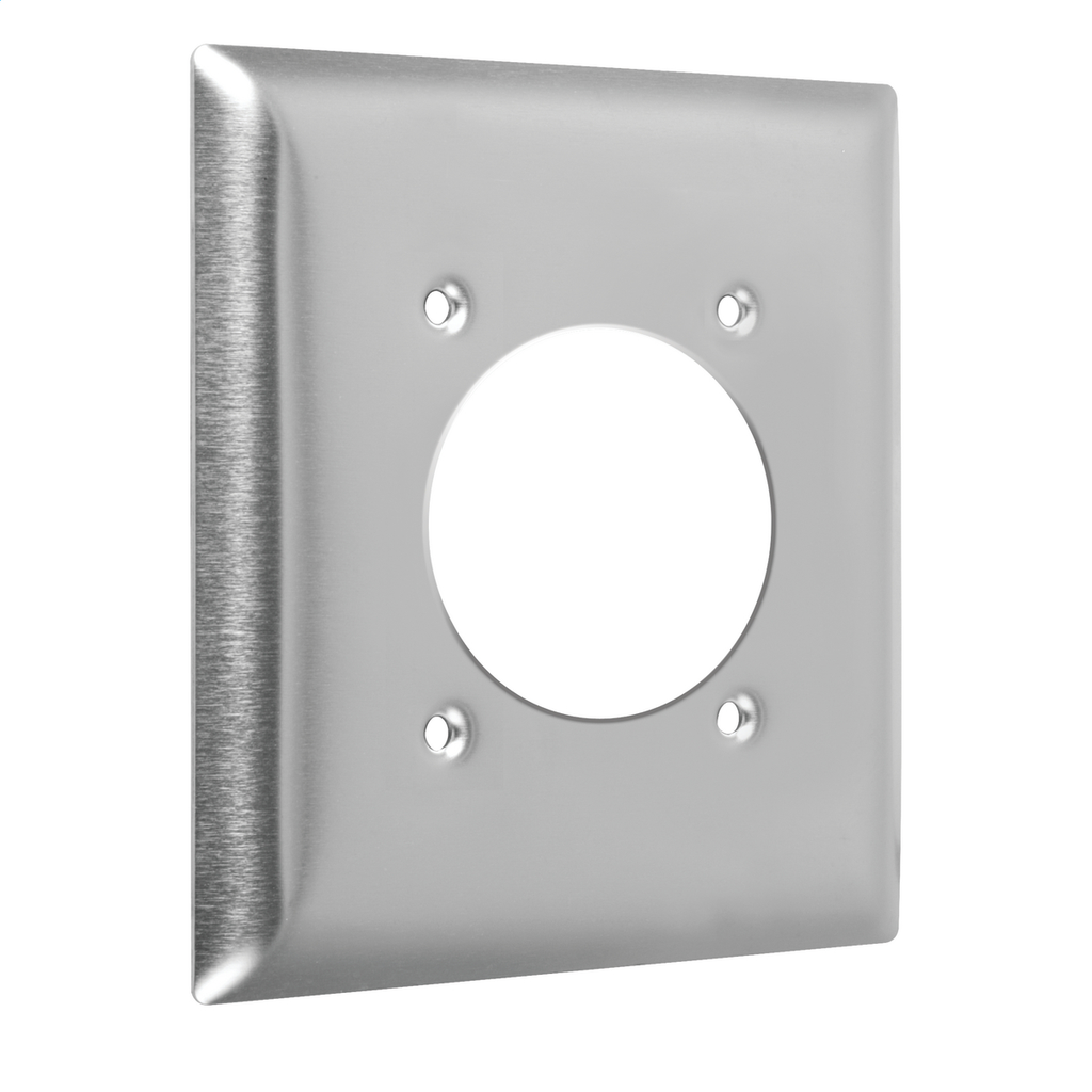 Product image for Taymac WSS2-2 2-Gang Metal Wallplate, Standard, Single Receptacle 2.15 in. dia., Stainless Steel
