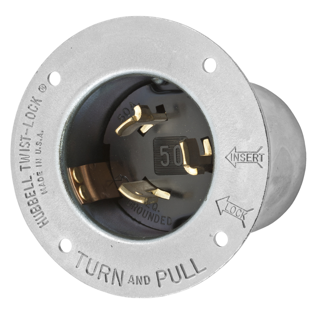 Product image for Hubbell HBL3775 50 Amp 600 VAC/250 VDC 3-Pole 4-Wire Zinc Plated Steel Flanged Inlet