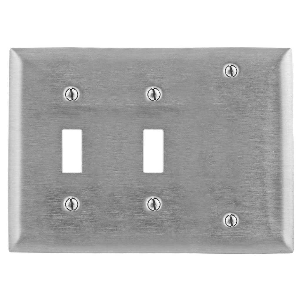 Product image for Hubbell SS213 3-Gang Stainless Steel 1-Blank 2-Toggle Switch Screw Mount Combination Wallplate