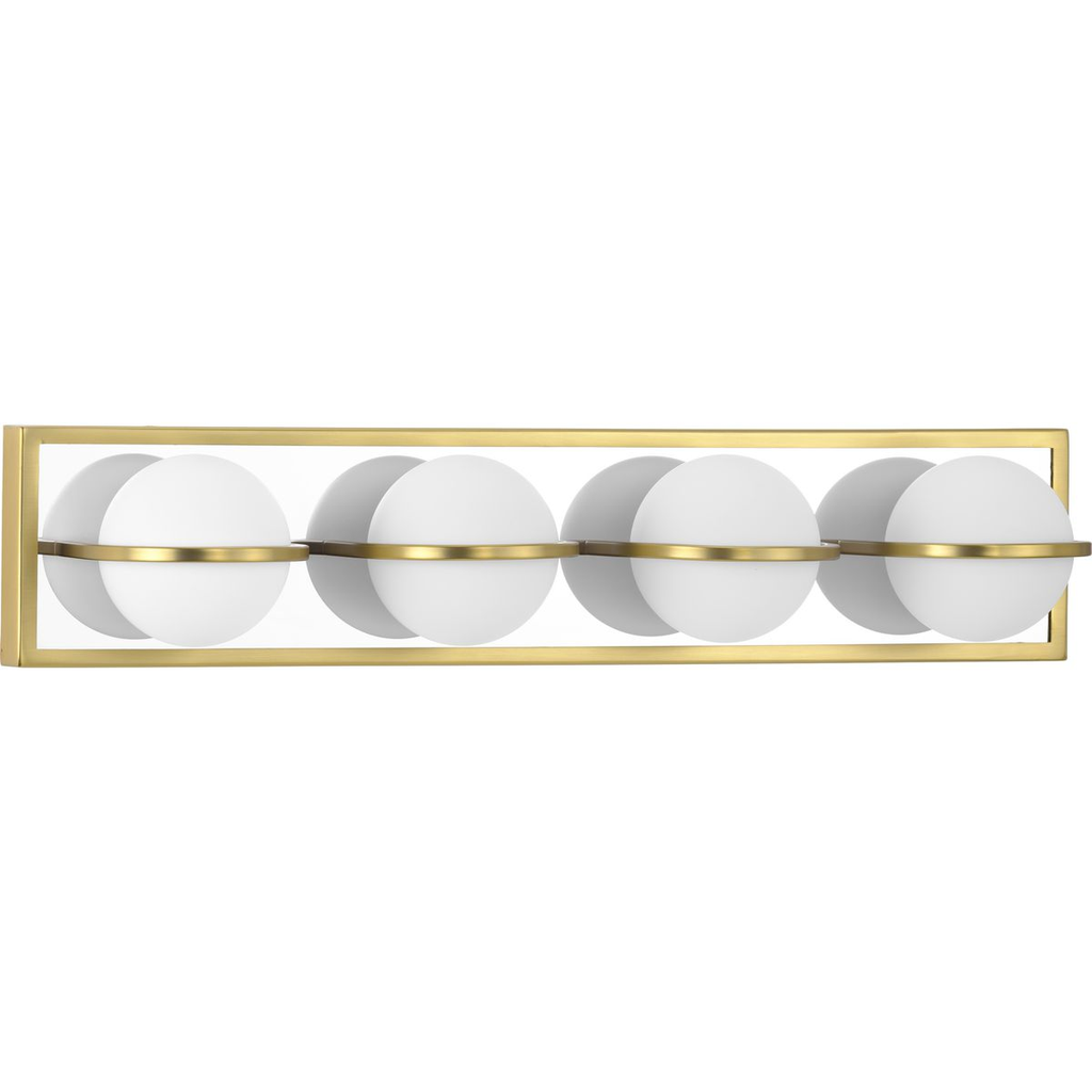 Product image for Progress P300313-012-30 Pearl LED Collection Four-Light Satin Brass and Opal Glass Modern Style Bath Vanity Wall Light