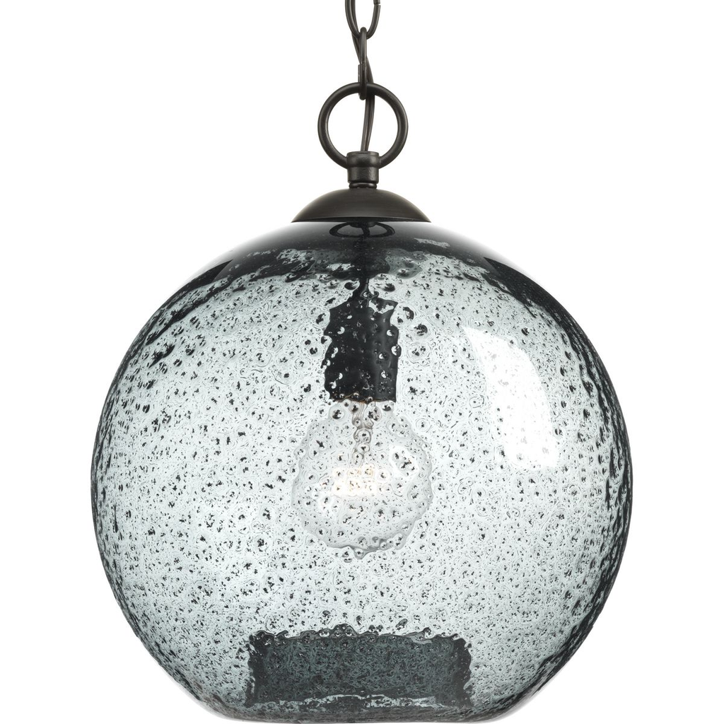Product image for Progress P500063-020 Malbec Collection One-Light Antique Bronze Recycled Blue Textured Glass Global Pendant Light