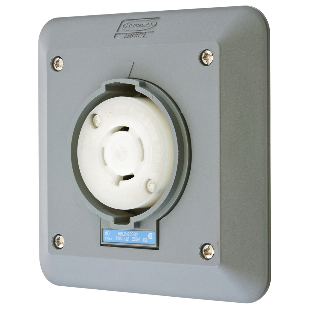Product image for Hubbell HBL2420SR2 Locking S/SHRD Receptacle, L15-20R, 2G SURF MT, GY