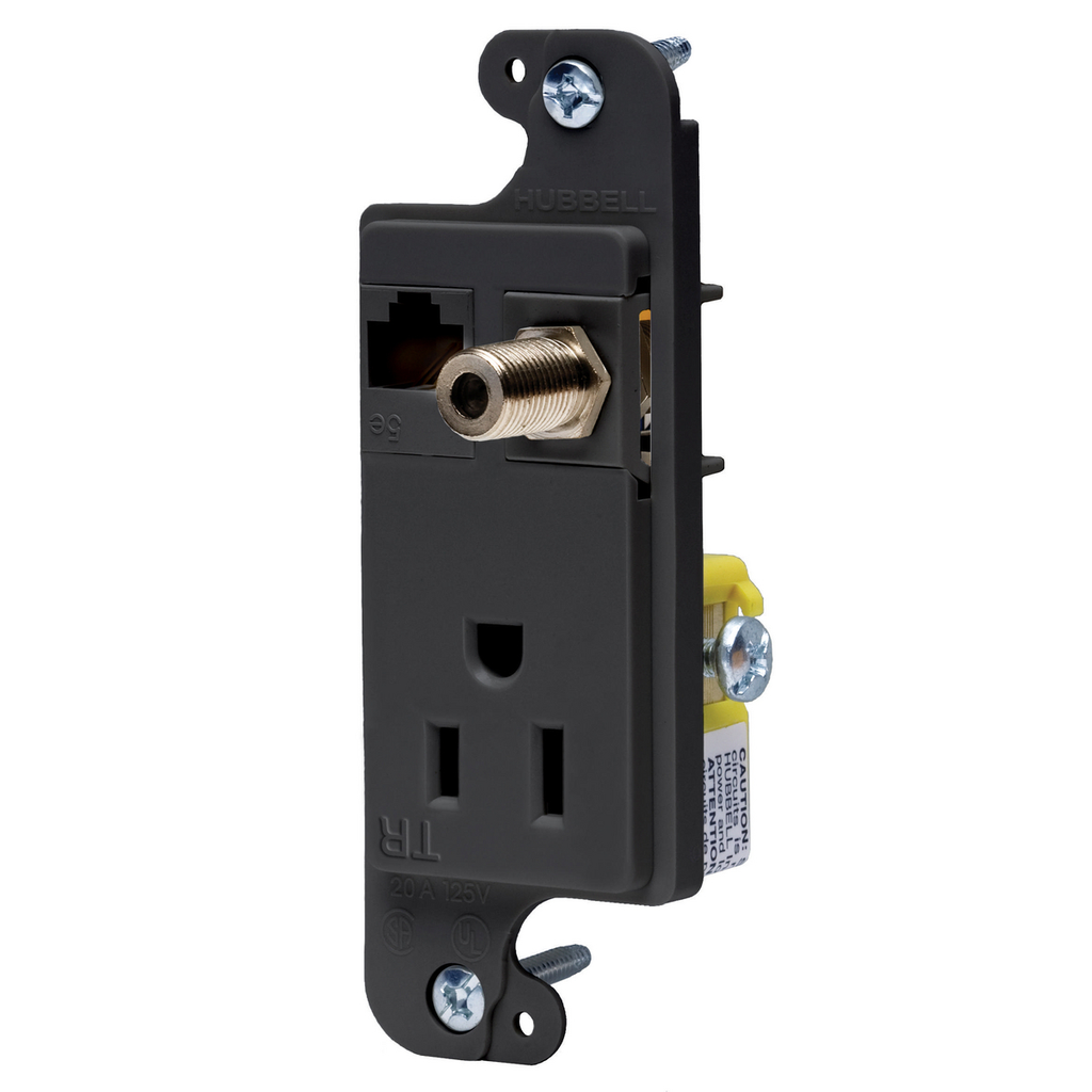 Product image for Hubbell RJ650BKTR JLOAD® Multimedia Floor Box Outlet w/ (1) Cat5e, (1) F-Connector, (1) 15A 125V Receptacle - Black
