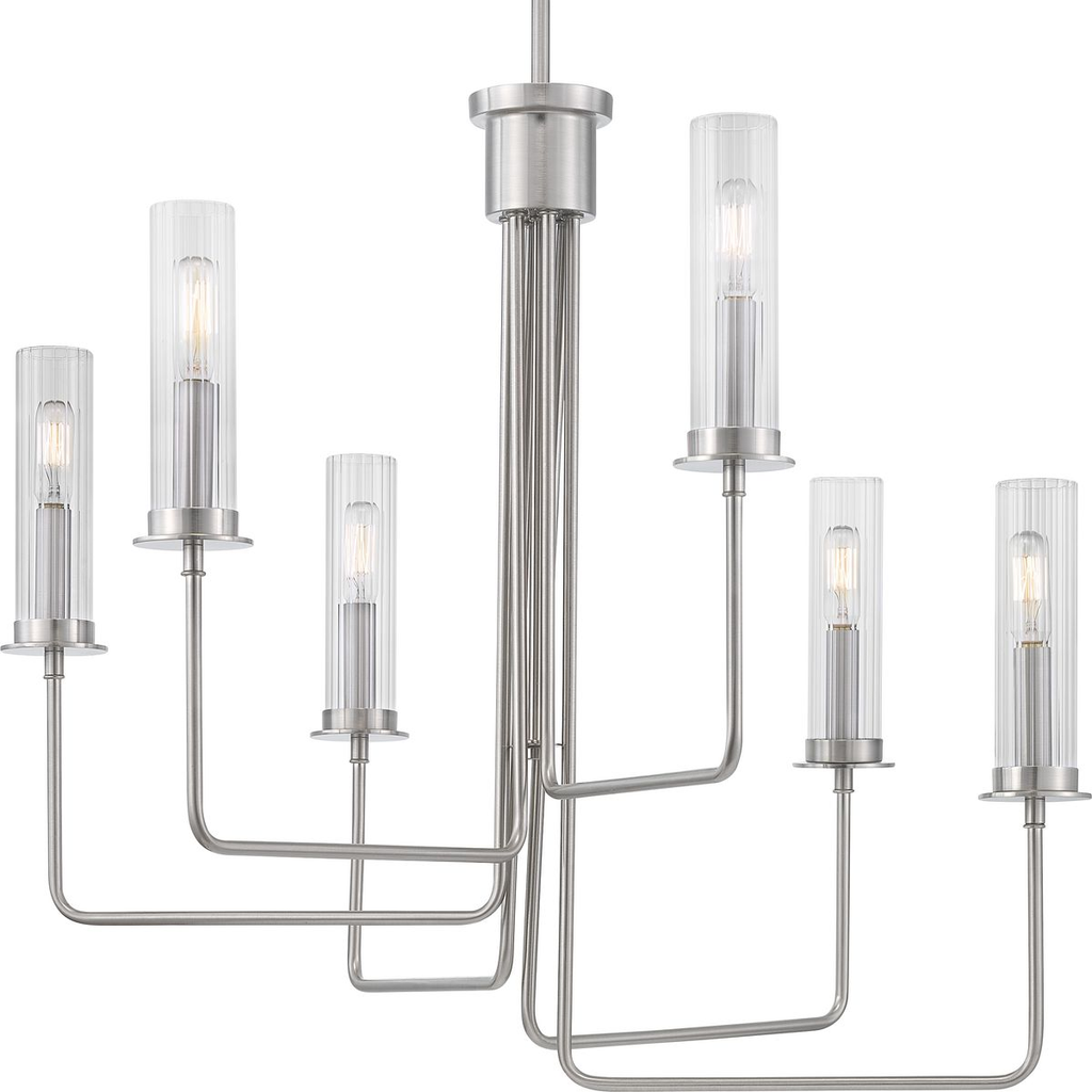 Product image for Progress P400168-009 Rainey Collection Six-Light Brushed Nickel Clear Fluted Ribbed Glass Modern Chandelier Light