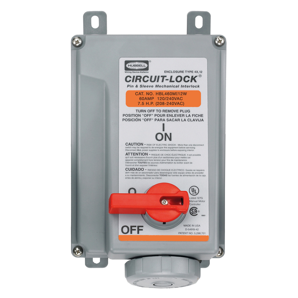 Product image for Hubbell HBL460MI12W Pin & Sleeve IEC Unfused Circuit-Lock® Mechanical Interlock, 60A 3P4W, 120/240V, IP67, NEMA 4X, 12