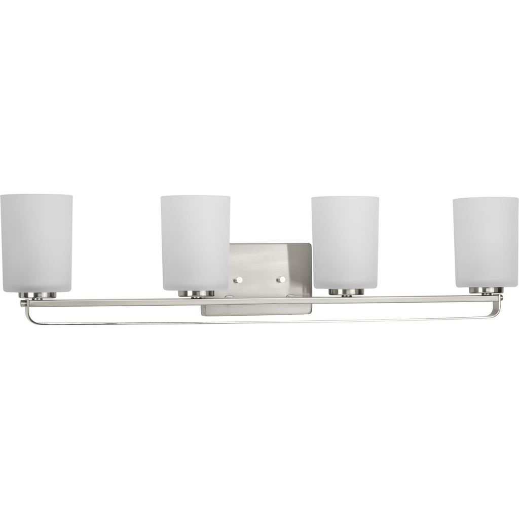 Product image for Progress P300344-009 League Collection Four-Light Brushed Nickel and Etched Glass Modern Farmhouse Bath Vanity Light