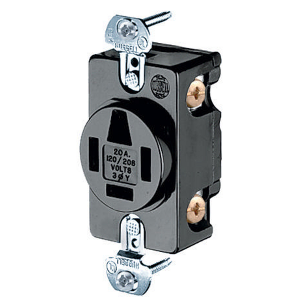 Product image for Hubbell HBL7250 20 Amp 120/208 VAC 4-Pole 4-Wire NEMA 18-20R Black Single Straight Blade Receptacle