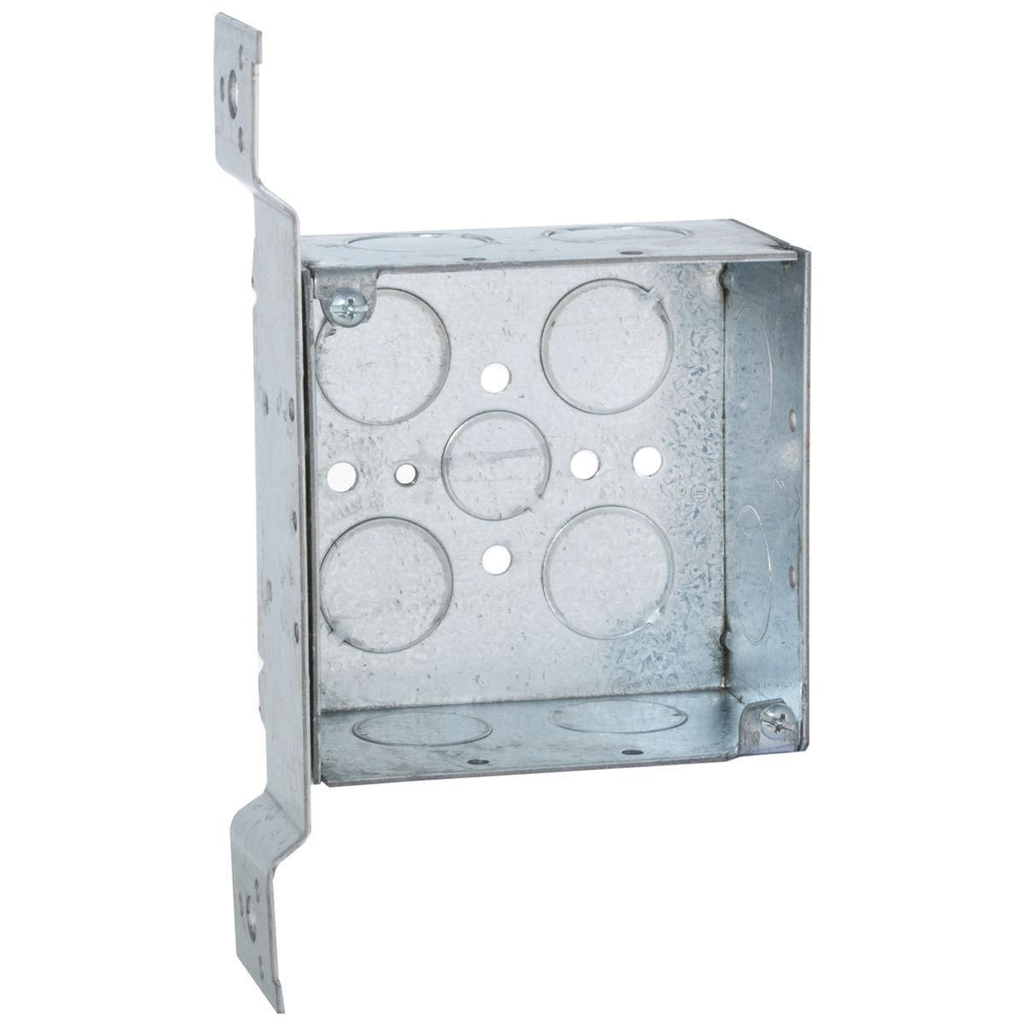 Product image for Raco 236 4" Steel Square Box, 2-1/8" Deep, 3/4" Knockouts, Wood/Metal Stud Bracket, Welded