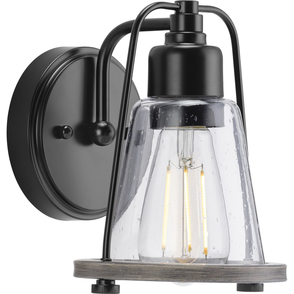 Product image for Progress P300295-031 Conway Collection One-Light Matte Black and Clear Seeded Farmhouse Style Bath Vanity Wall Light