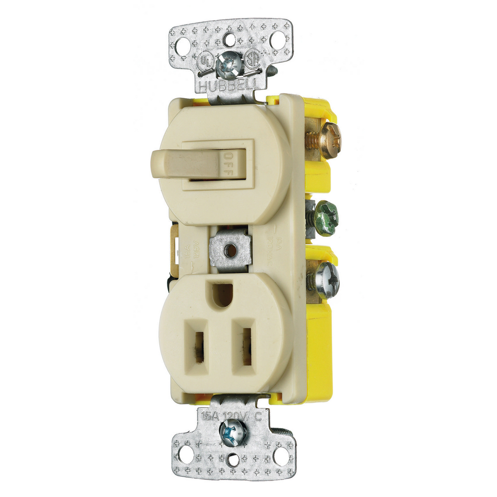 Product image for Hubbell Wiring Devices RC308I 15 Amp 120/125 Volt 3-Way Switch 2-Pole 3-Wire Receptacle Ivory Combination Switch