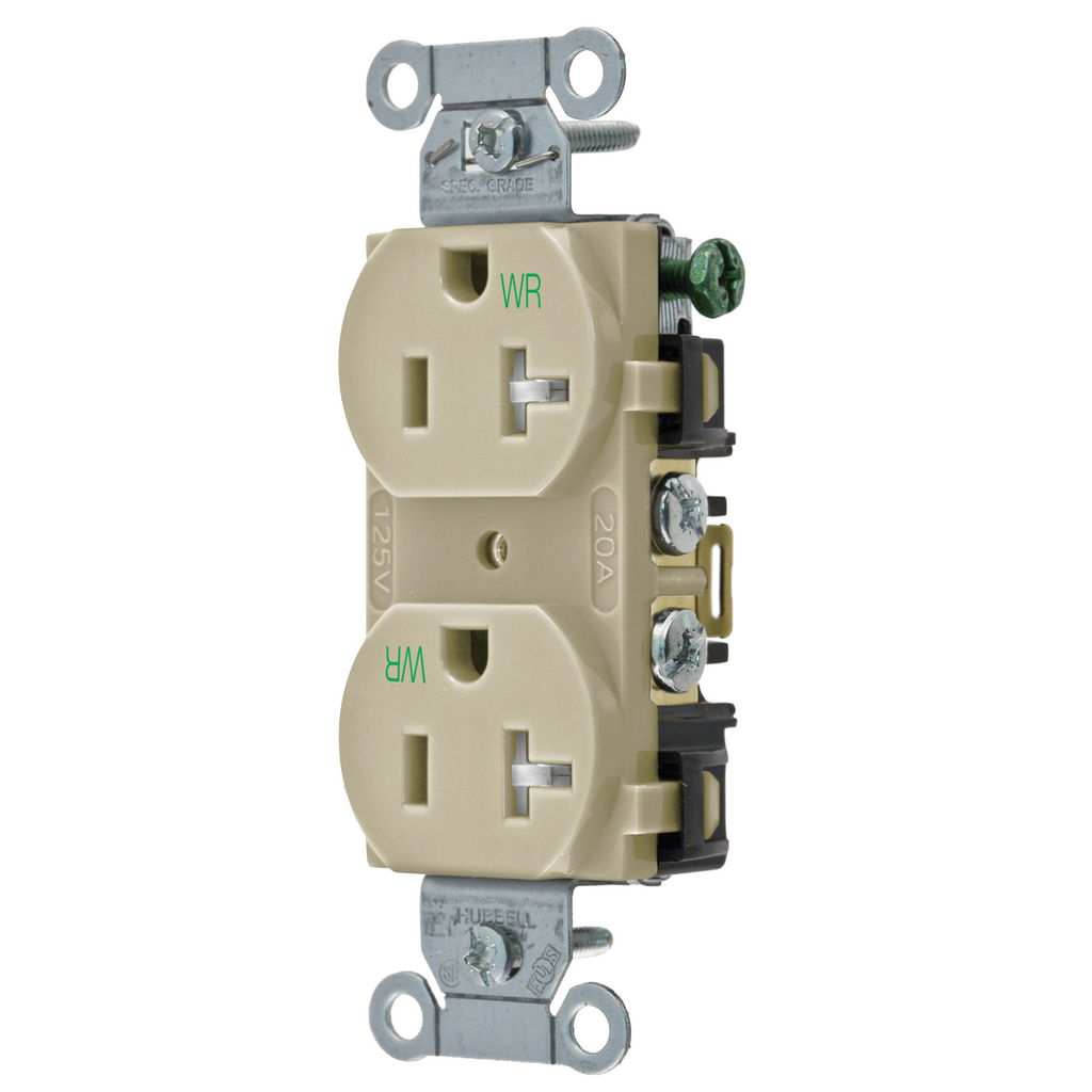 Product image for Hubbell BR20IWRTR 125 Volt 20 Amp NEMA 5-20R Ivory Commercial Grade Weather/Tamper Duplex Receptacle