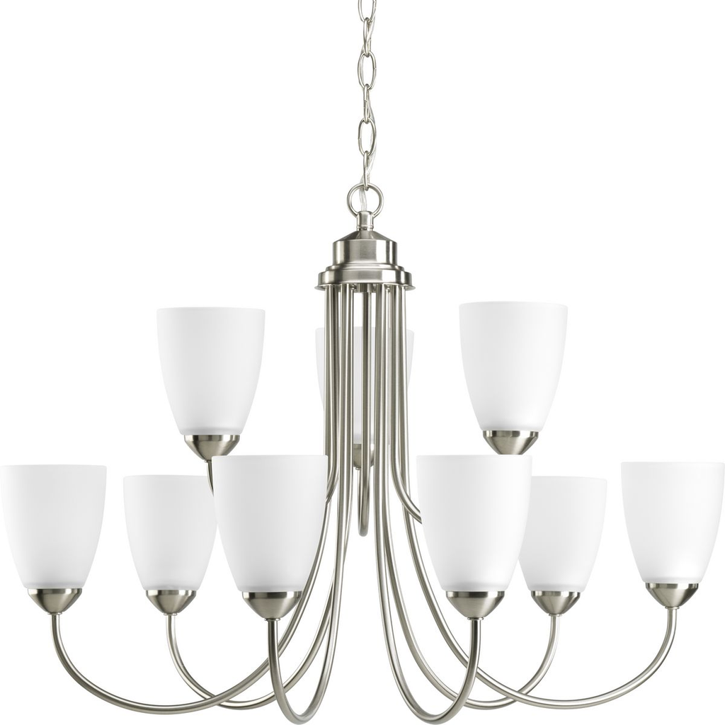 Product image for Progress P4627-09 Gather Collection Nine-Light Brushed Nickel Etched Glass Traditional Chandelier Light