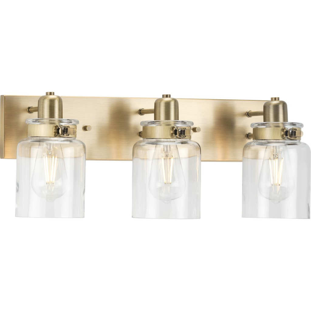 Product image for Progress P300047-163 Calhoun Collection Three-Light Vintage Brass Clear Glass Farmhouse Bath Vanity Light