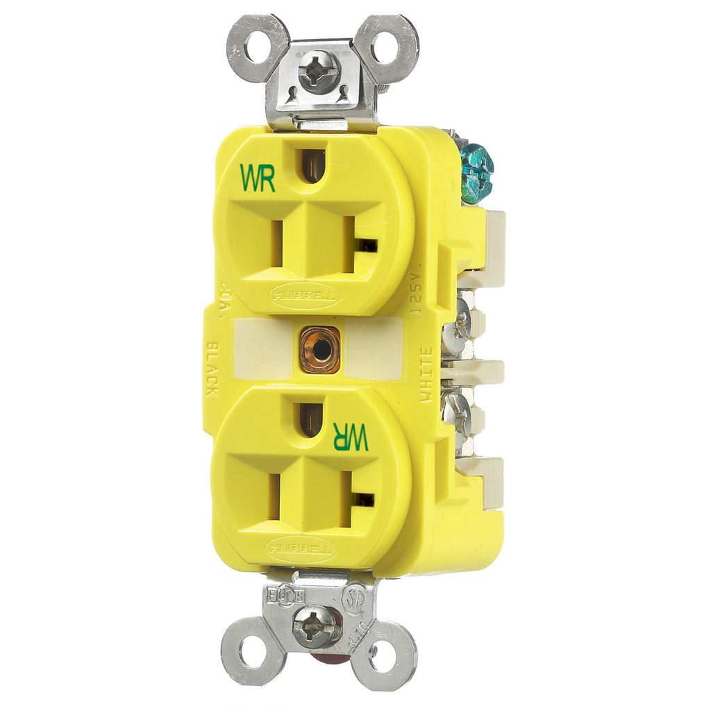Product image for Hubbell HBL53CM62 Yellow 20A 125V Duplex Receptacle - Corrosion Resistant. Extra Heavy Duty Industrial Series