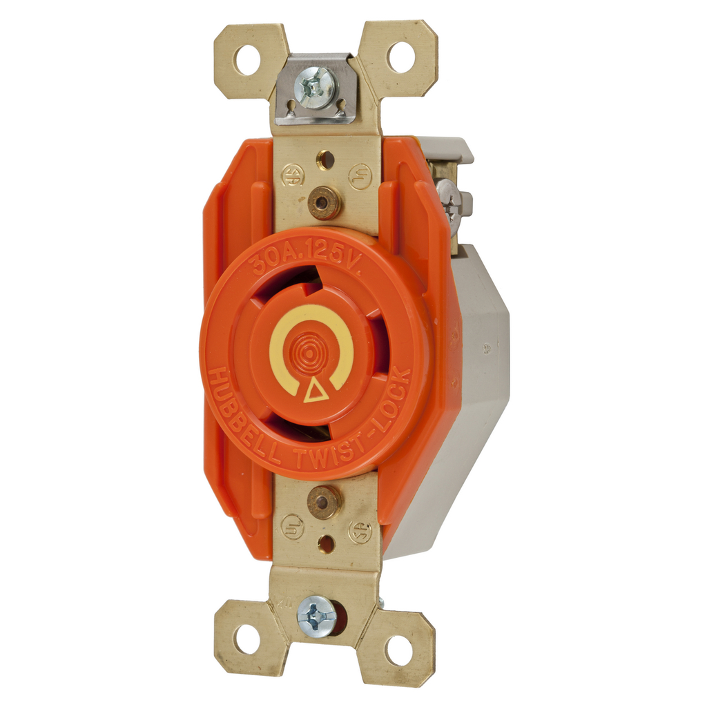 Product image for Hubbell IG2610 30 Amp 125 Volt 2-Pole 3-Wire NEMA L5-30R Orange Isolated Ground Locking Single Receptacle