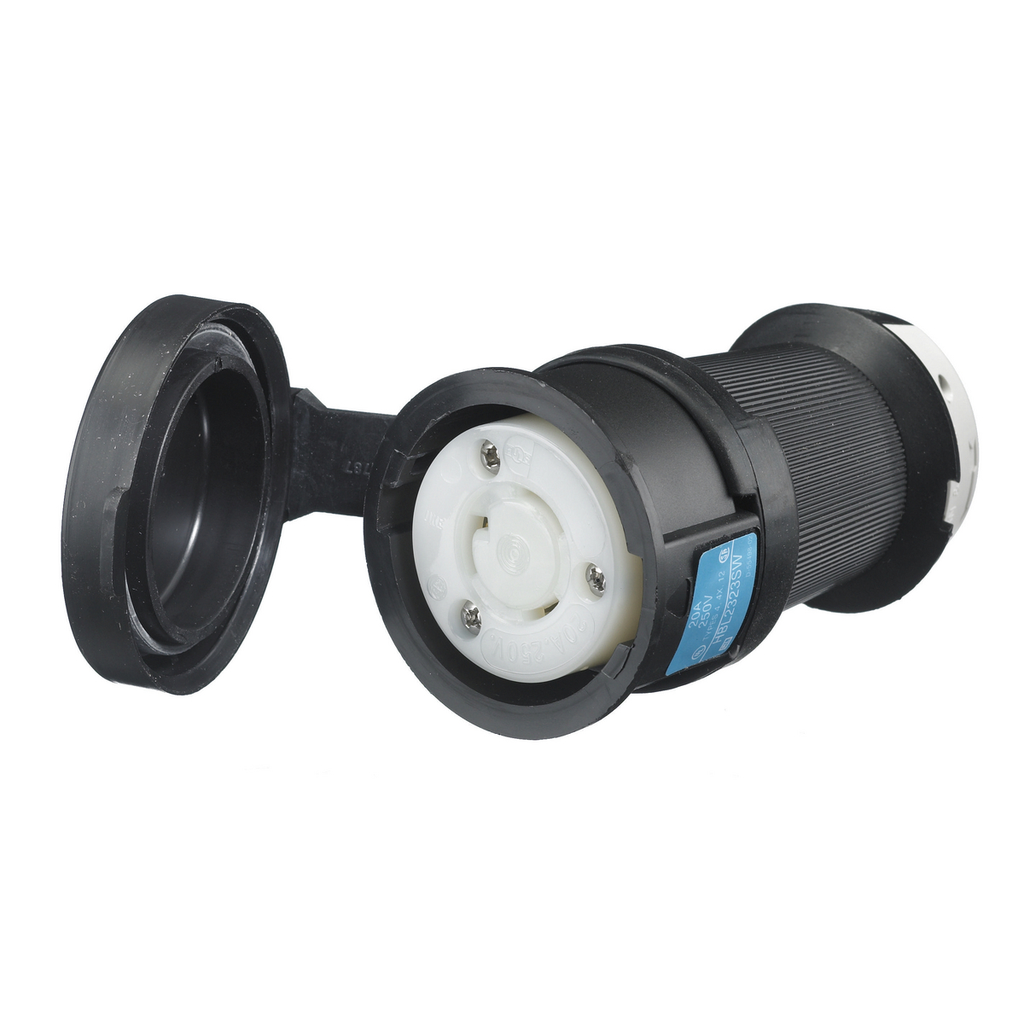 Product image for Hubbell HBL2323-SW 20A 250V Twist-Lock Watertight SAFETY-SHROUD Black VALOX Connector Body