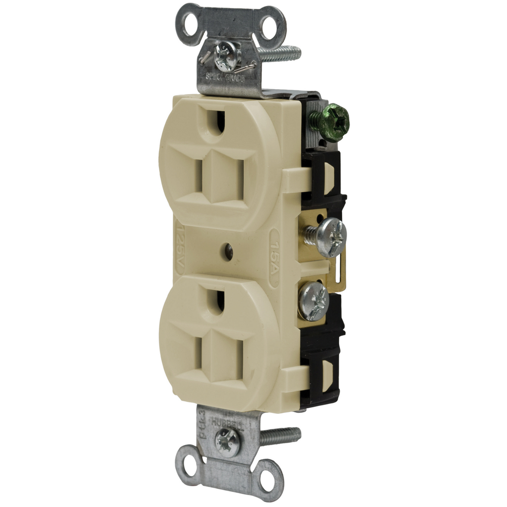 Product image for Hubbell CRF15I 15 Amp 125 Volt 2-Pole 3-Wire NEMA 5-15R Ivory Straight Blade Duplex Receptacle