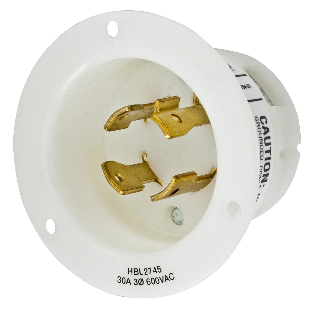 Product image for Hubbell HBL2745 30 Amp 600 Volt 3-Pole 4-Wire NEMA L17-30P White Locking Flanged Inlet