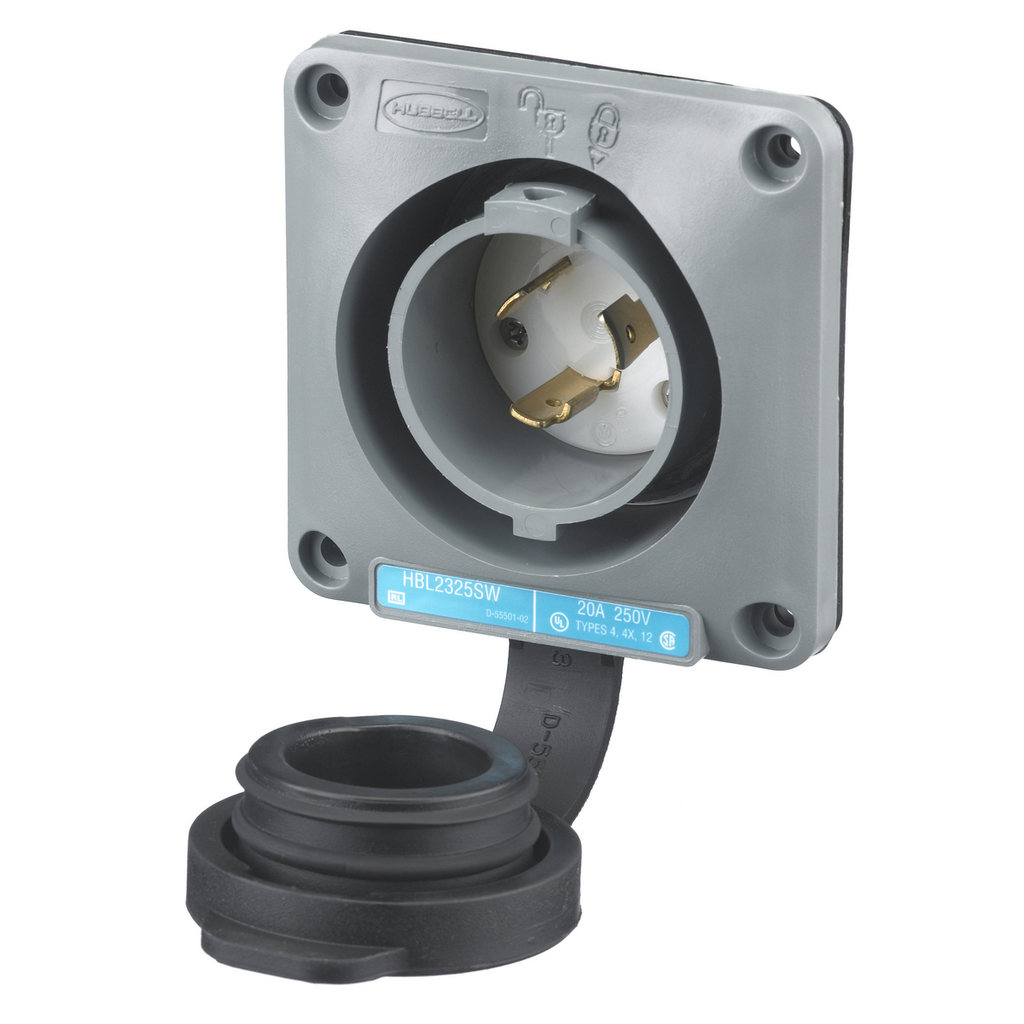 Product image for Hubbell HBL2325SW Locking WT S/SHRD Flanged-INLT, 20A 250V, L6-20P