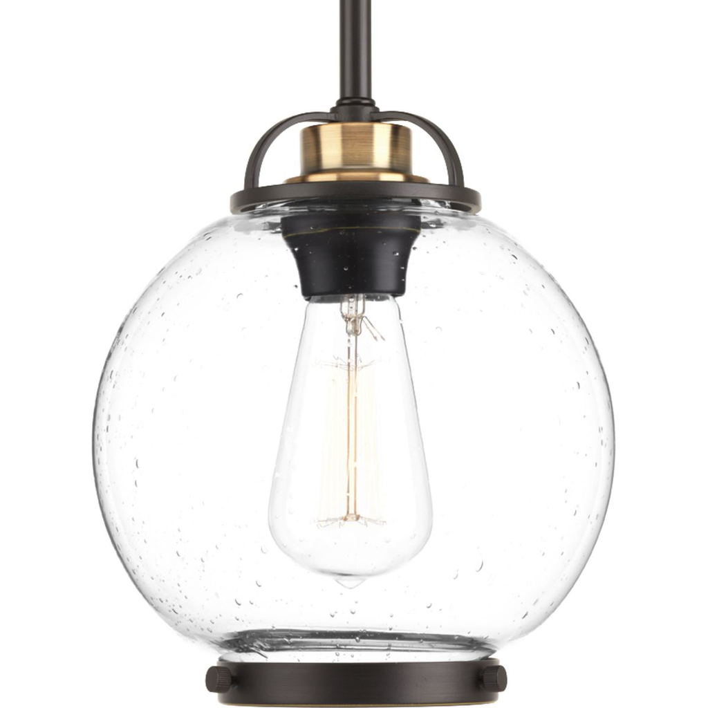 Product image for Progress P5309-20 Chronicle Collection One-Light Antique Bronze Clear Seeded White Opal Glass Coastal Mini-Pendant Light