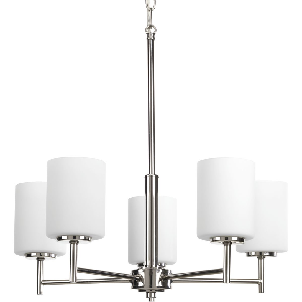 Product image for Progress P4319-104 Replay Collection Five-Light Polished Nickel Etched White Glass Modern Chandelier Light