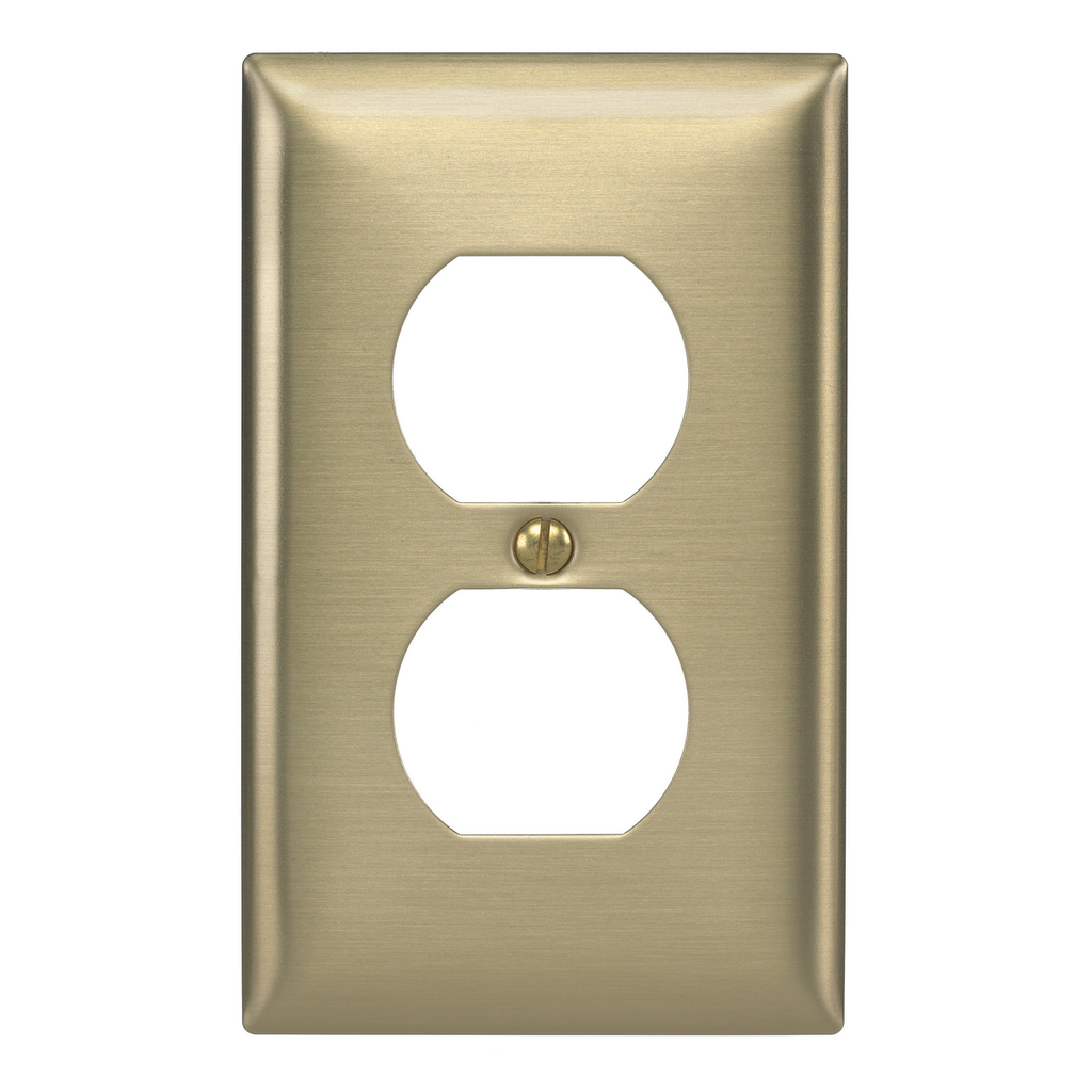 Product image for Hubbell SB8 1-Gang Brass 1-Duplex Receptacle Strap Mount Wallplate