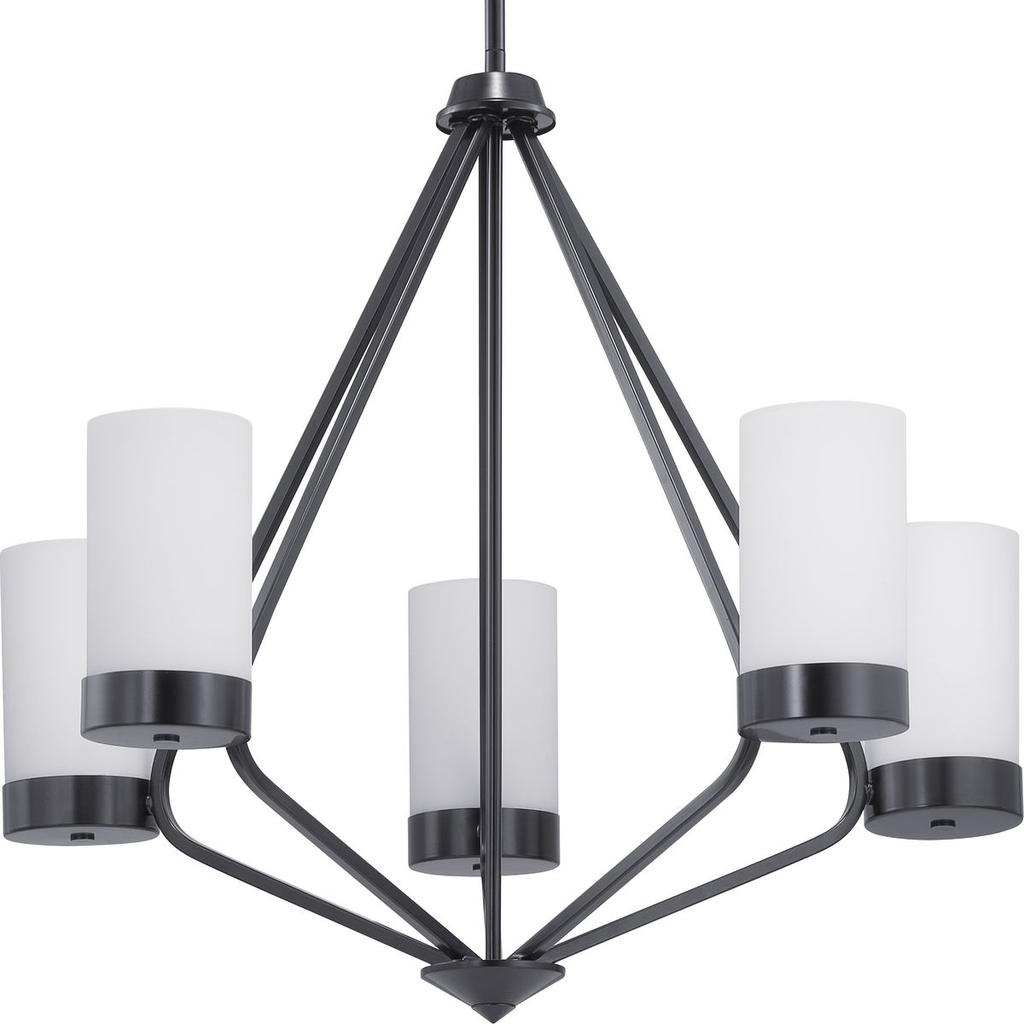 Product image for Progress P400022-031 Elevate Collection Five-Light Matte Black Etched White Glass Mid-Century Modern Chandelier Light