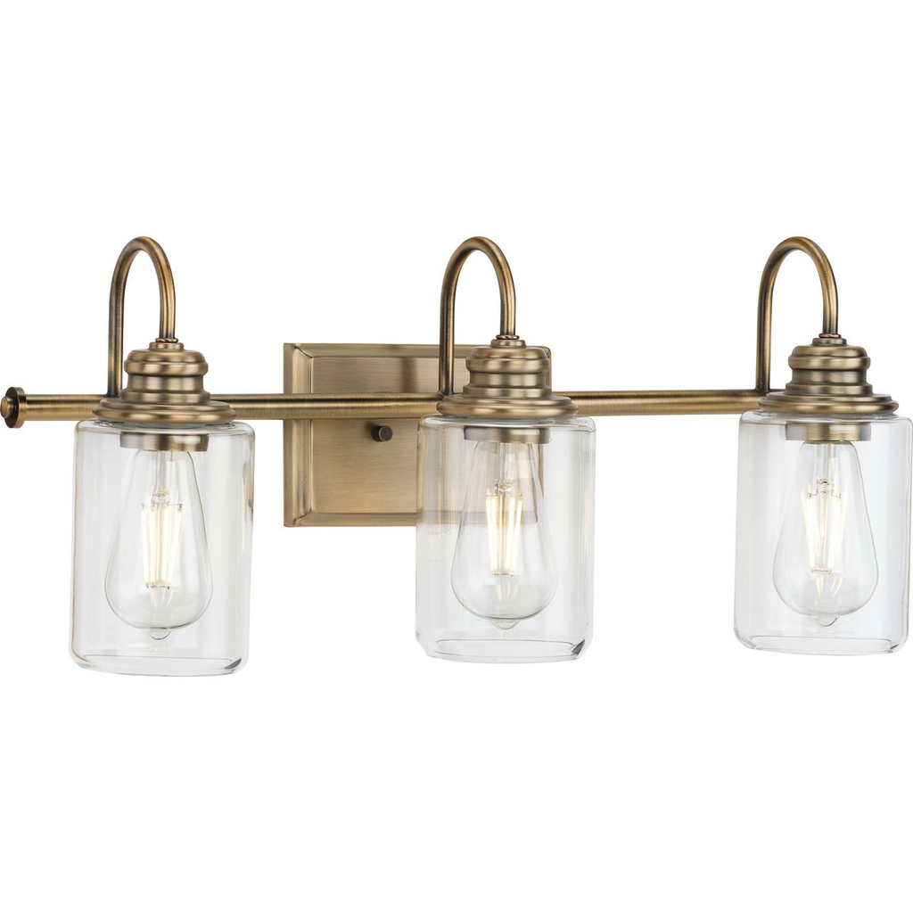 Product image for Progress P300322-163 Aiken Collection Three-Light Clear Glass Vintage Style Brass Farmhouse Style Bath Vanity Wall Light