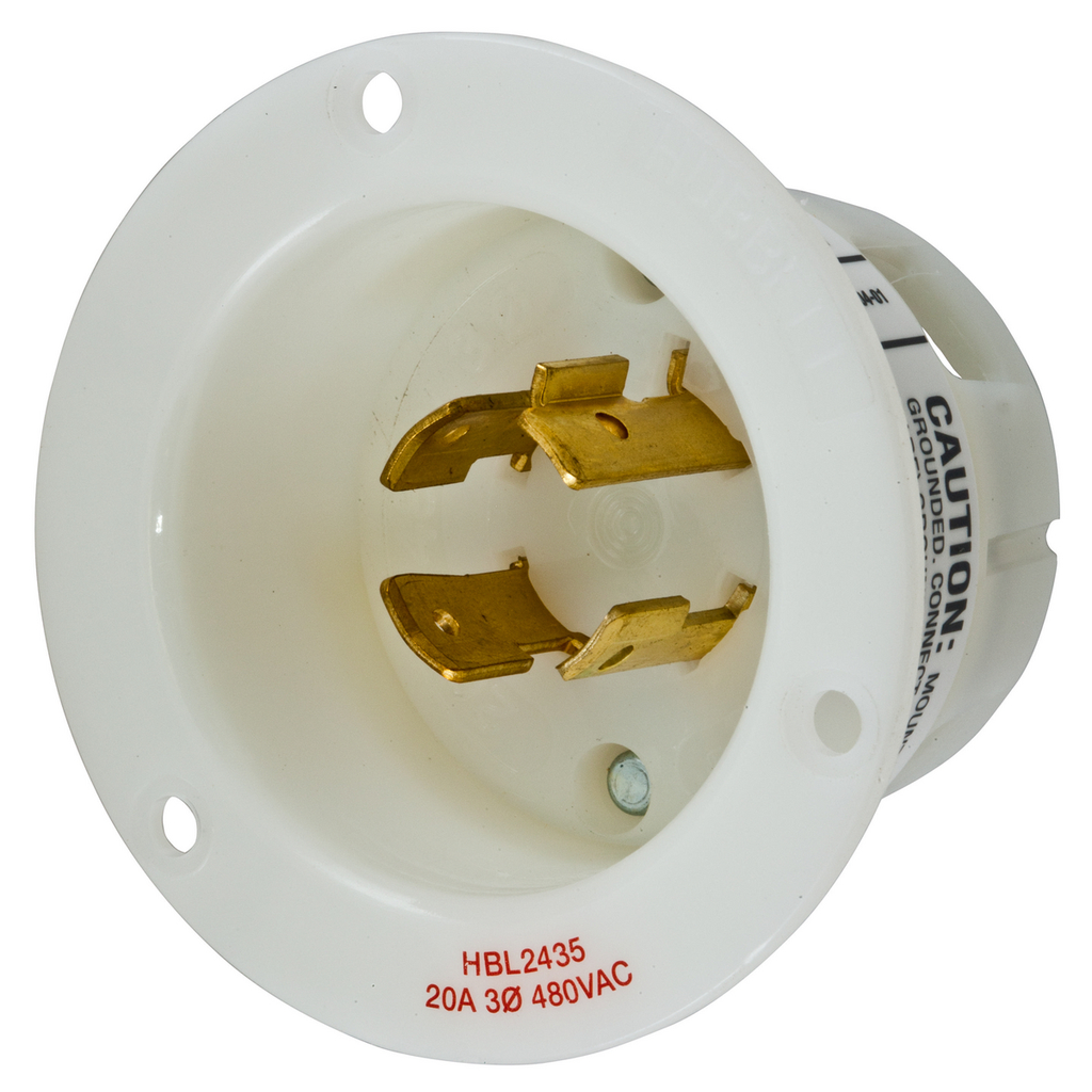 Product image for Hubbell HBL2435 20 Amp 480 Volt 3-Pole 4-Wire NEMA L16-20P White Locking Flanged Inlet