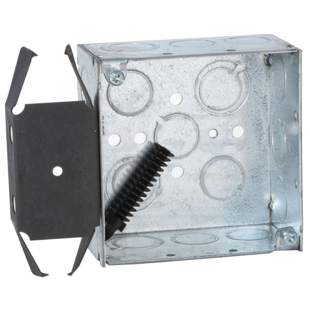 Product image for Raco 238 4" Square Box, Welded, 2-1/8 Deep, Nine 1/2" KO's & Five TKO's, BOX-LOC MS Bracket, Flush
