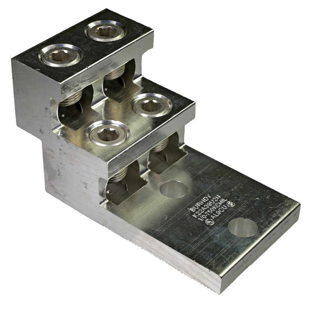 Product image for Burndy K22A39U2N Aluminum Universal Terminal, 2 Hole, 1/2" diameter stud holes spaced 1-3/4" on center (NEMA-spacing), tin plated