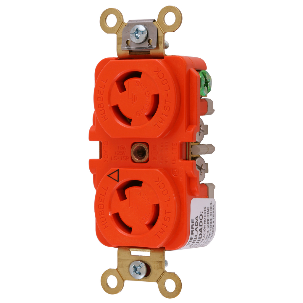Product image for Hubbell IG4700A 15 Amp 125 Volt 2-Pole 3-Wire NEMA L5-15R Orange Isolated Ground Locking Duplex Receptacle