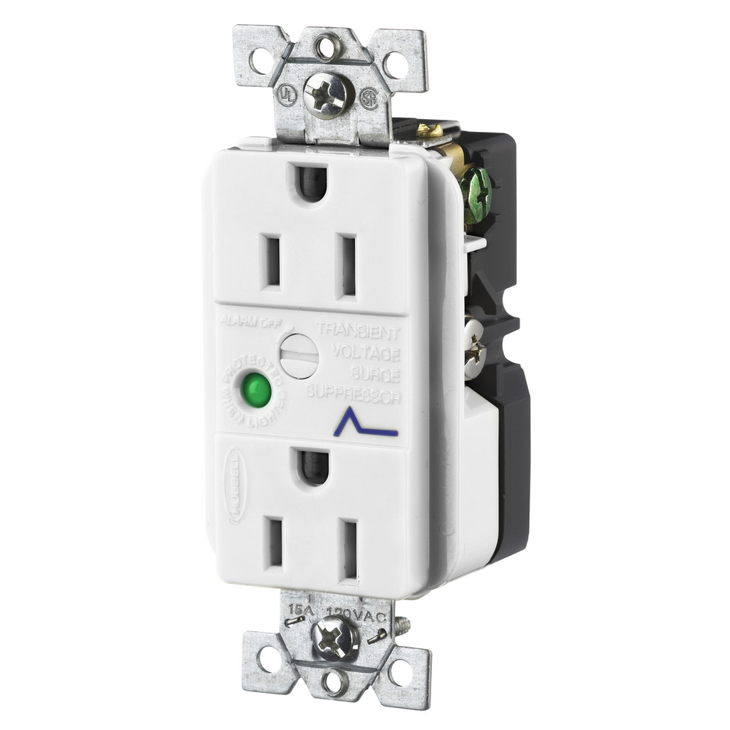 Product image for Hubbell HBL5262WSA 15 Amp 125 Volt 2-Pole 3-Wire NEMA 5-15R Office White Duplex Surge Suppression Receptacle