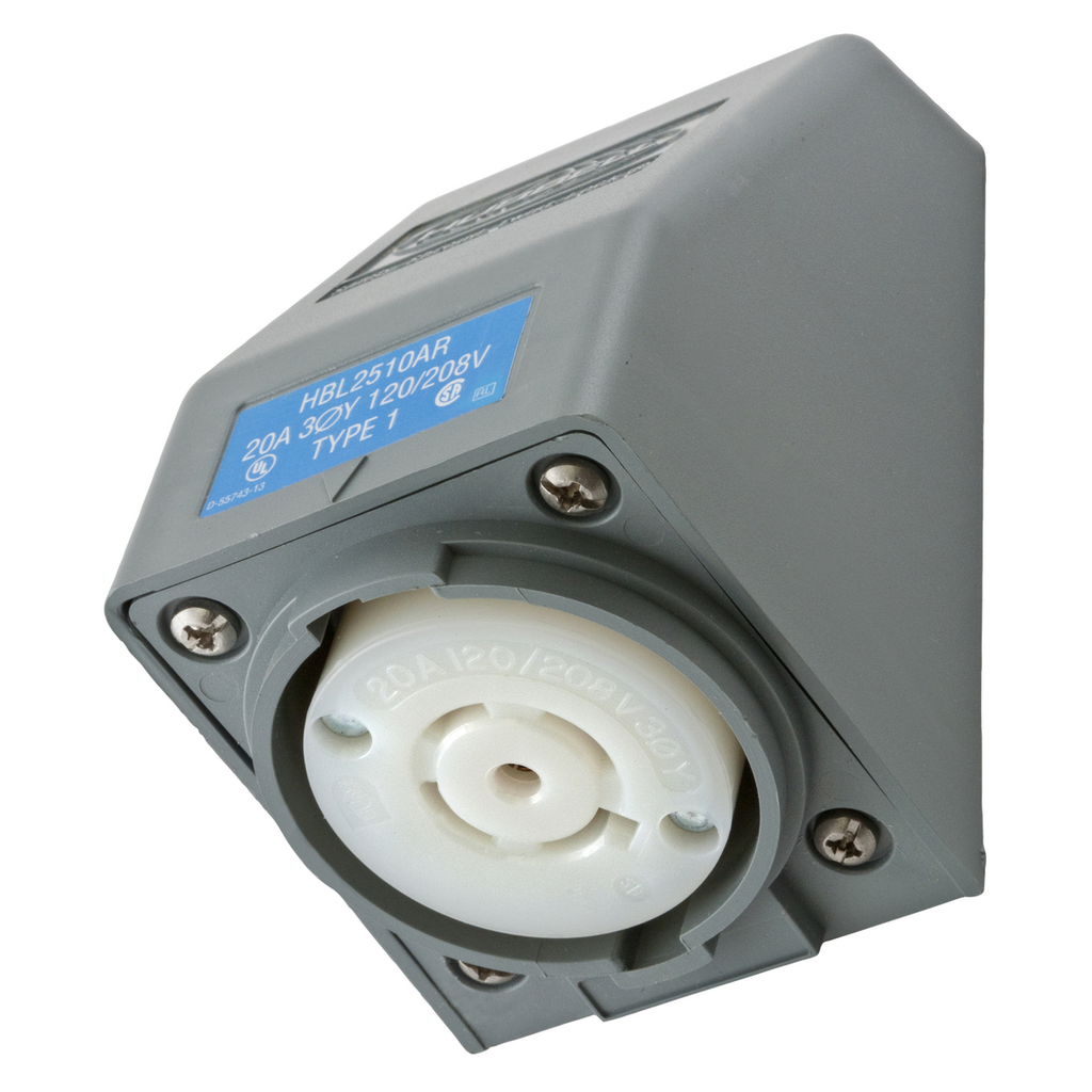 Product image for Hubbell HBL2510AR Locking S/SHRD Receptacle, L21-20R, ANG SRF MT