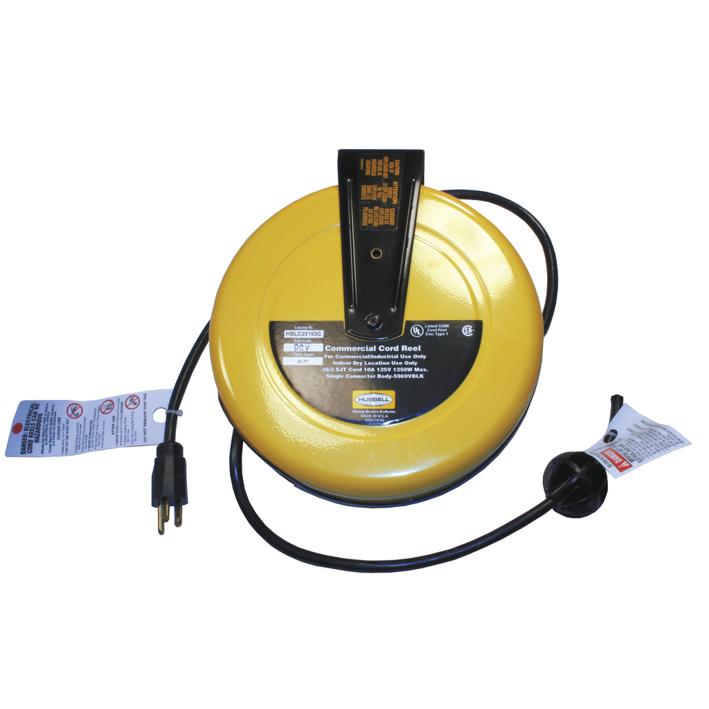 Product image for Hubbell HBLC25163 10 Amp 125 Volt 25 Foot Yellow Commercial Cord Reel