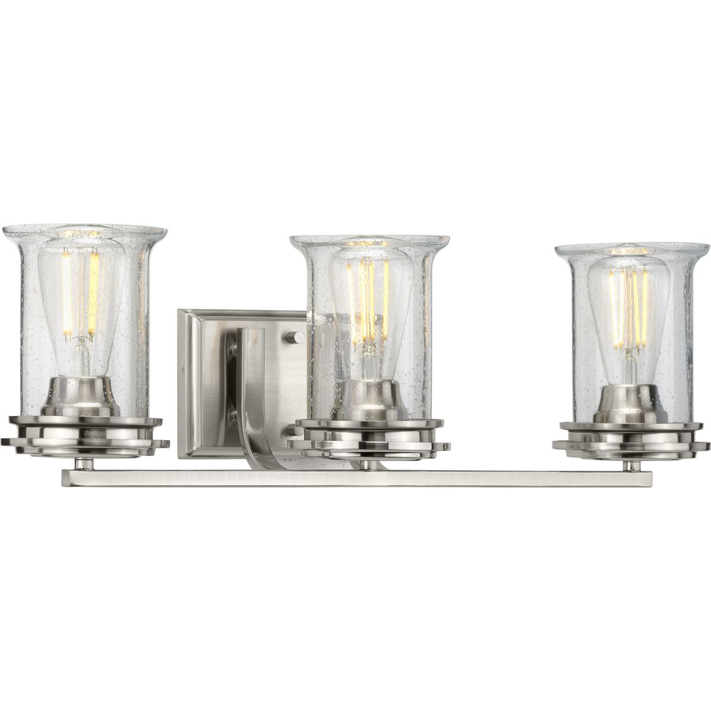 Product image for Progress P300274-009 Winslett Collection Three-Light Brushed Nickel Clear Seeded Glass Coastal Bath Vanity Light