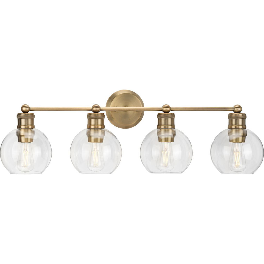 Product image for Progress P300052-163 Hansford Collection Four-Light Vintage Brass Clear Glass Farmhouse Bath Vanity Light