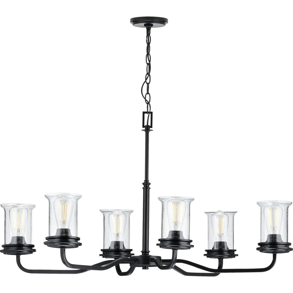 Product image for Progress P400207-031 Winslett Collection Six-Light Matte Black Clear Seeded Glass Coastal Chandelier Light