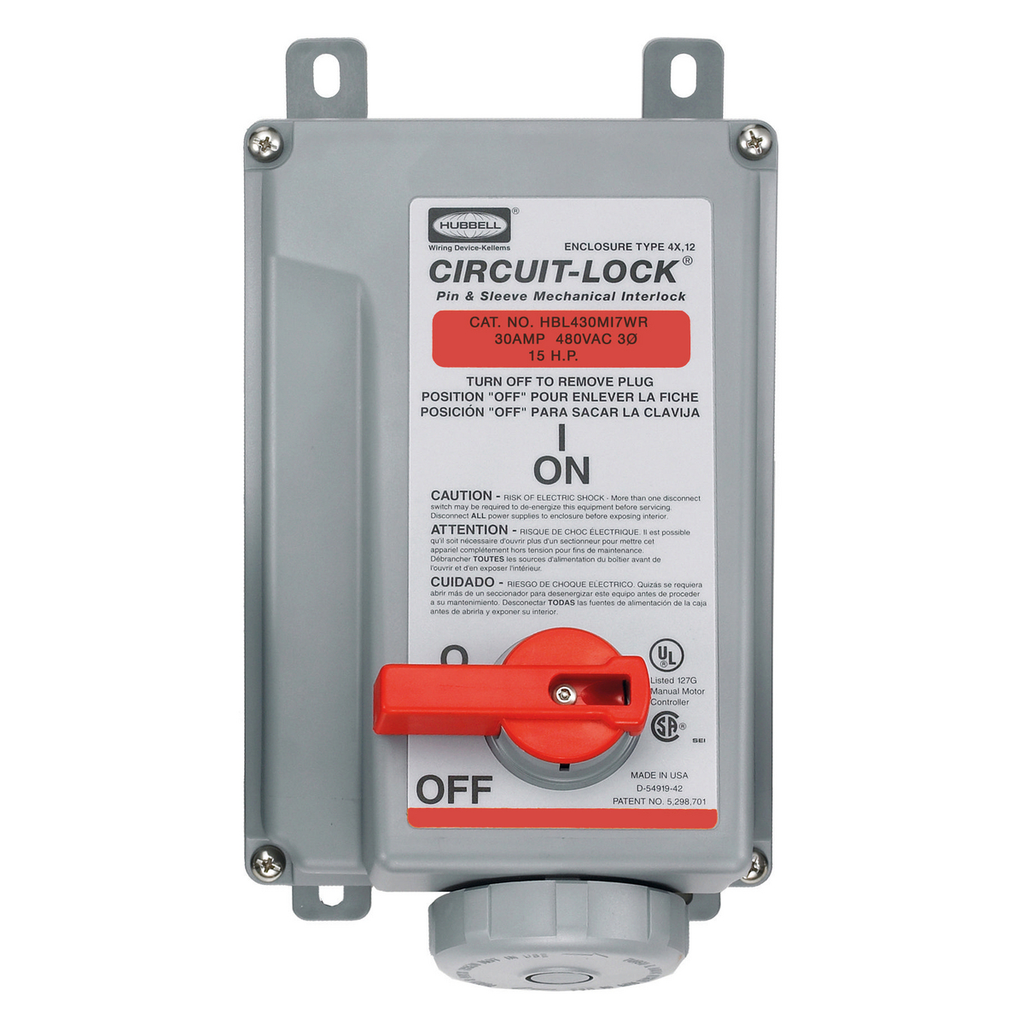 Product image for Hubbell HBL430MI7WR Pin & Sleeve IEC Reverse Service Circuit-Lock® Mechanical Interlock, 30A 3P4W, 3Ø 480V, IP67, NEMA 4X, 12