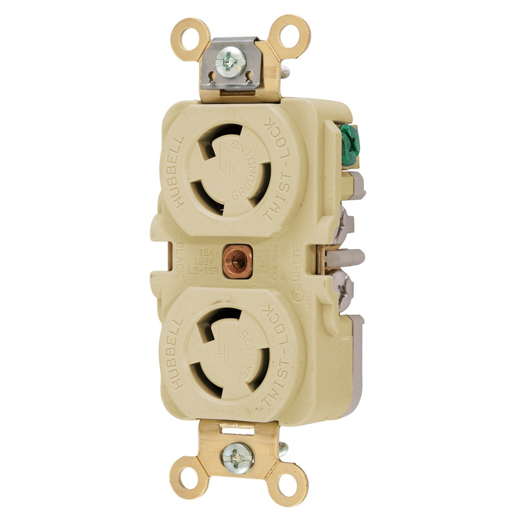Product image for Hubbell HBL4700I 15 Amp 125 Volt NEMA L5-15R Ivory Duplex Locking Receptacle