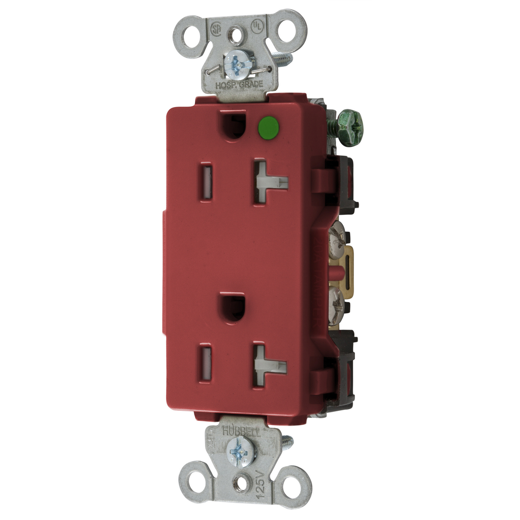 Product image for Hubbell 2182REDTRA Straight Blade Device, Tamper Resistant Decorator Duplex Receptacle, Hospital Grade, Hubbell-Pro, 20A 125V, 2- Pole 3-Wire Grounding, 5-20R, Red