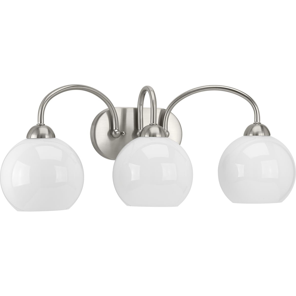 Product image for Progress P300086-009 Carisa Collection Three-Light Brushed Nickel Opal Glass Mid-Century Modern Bath Vanity Light