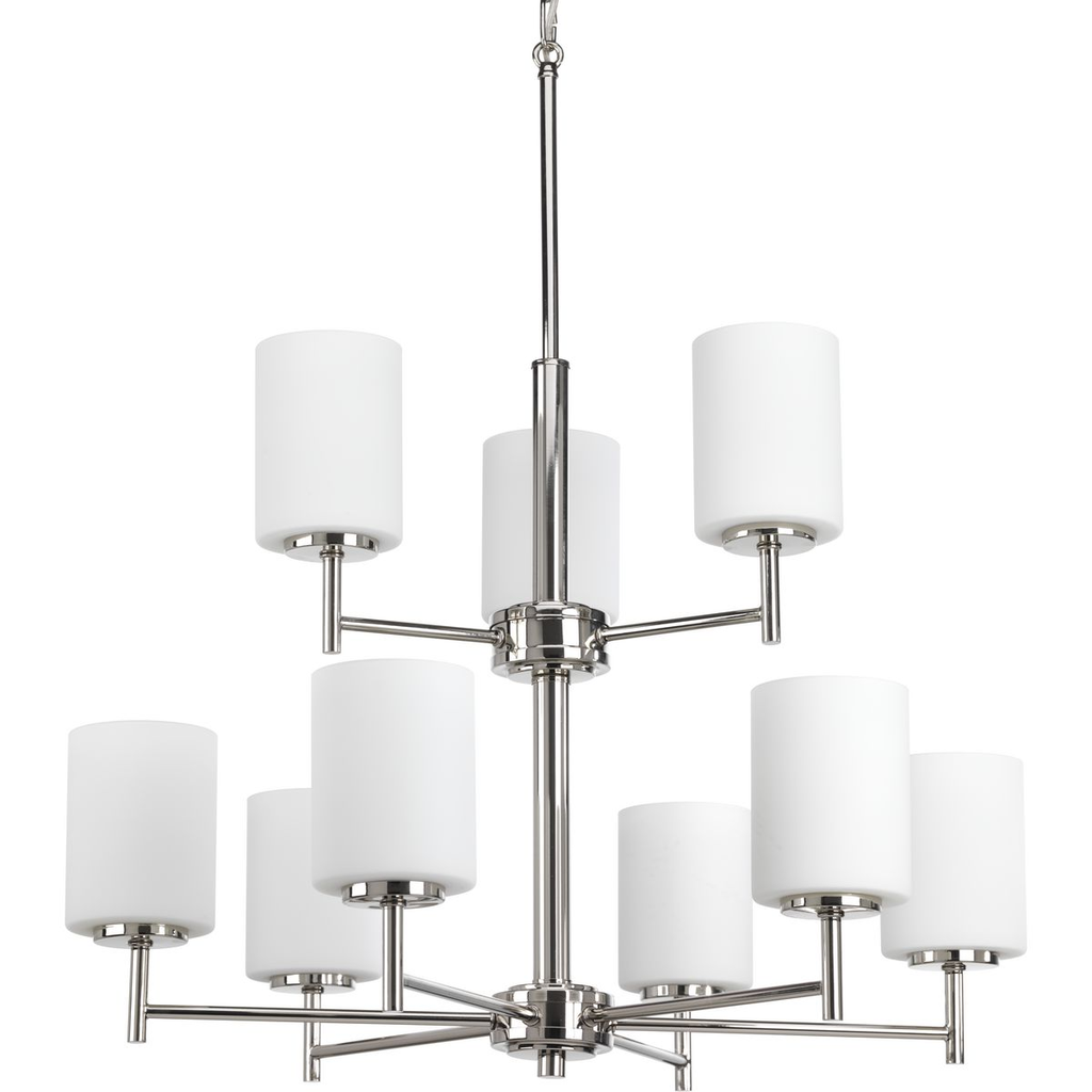 Product image for Progress P4726-104 Replay Collection Nine-Light Polished Nickel Etched Painted White Glass Modern Chandelier Light