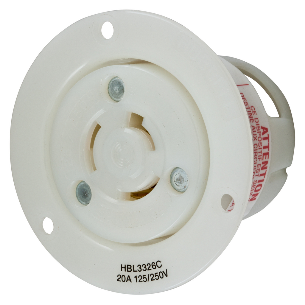 Product image for Hubbell HBL3326C 20 Amp 125/250 VAC 3-Pole 3-Wire Non-NEMA White Nylon Flanged Receptacle