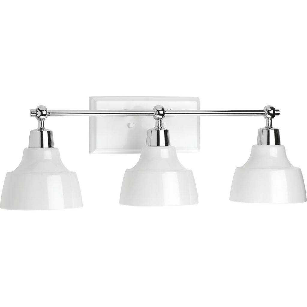 Product image for Progress P300041-015 Bramlett Collection Three-Light Polished Chrome White Metal Shade Coastal Bath Vanity Light