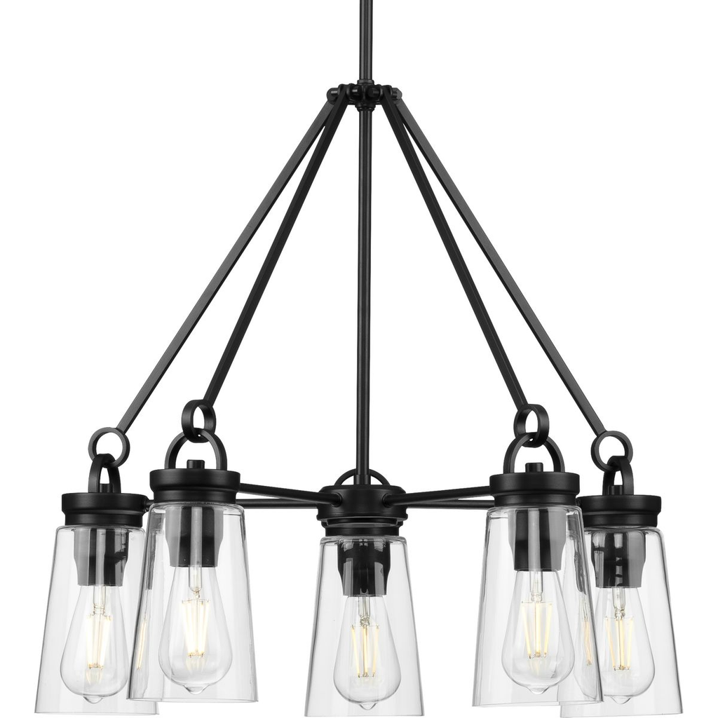Product image for Progress P400243-031 Stockbrace Collection Five-Light Matte Black and Clear Glass Farmhouse Style Chandelier Light