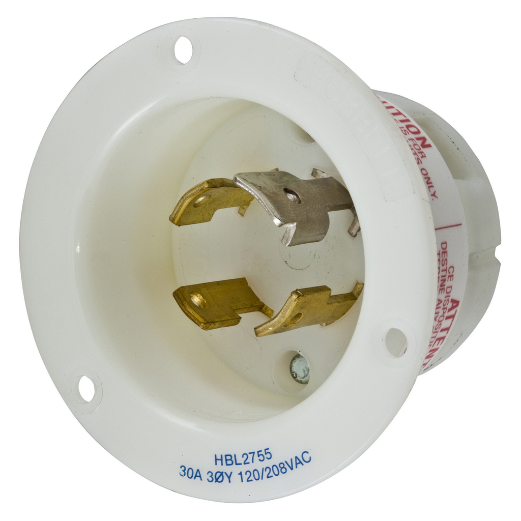 Product image for Hubbell Wiring Devices HBL2755 30 Amp 120/208 VAC 4-Pole 4-Wire NEMA L18-30P White Locking Flanged Inlet