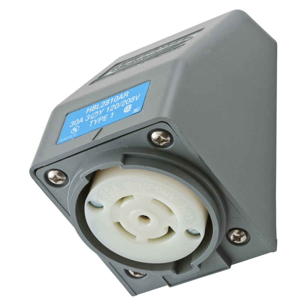 Product image for Hubbell HBL2810AR 30 Amp 120/208 VAC 4-Pole 5-Wire NEMA L21-30R Gray Angle Housing Locking Receptacle