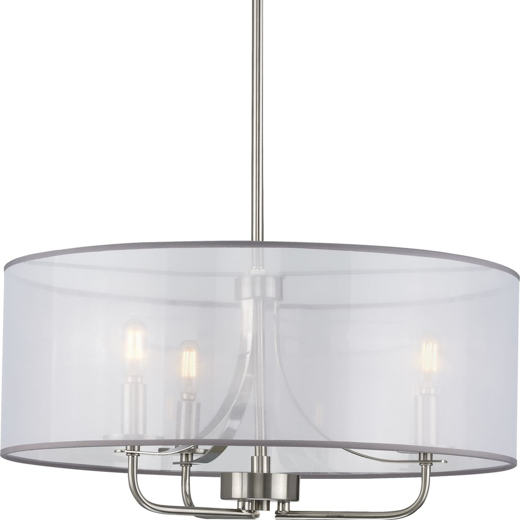 Product image for Progress P500243-009 Riley Collection Three-Light Brushed Nickel Organza Shade New Traditional Pendant Light
