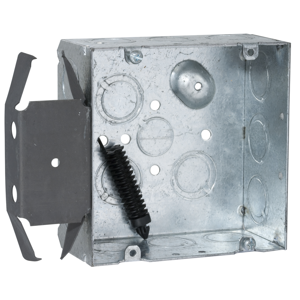 Product image for Raco 266 4-11/16" Square Box, Welded, 2-1/8" Deep with (1) 1/2" KO & (12) TKO's, Raised, BOC-LOC MS Bracket, Flush